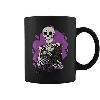Skeleton Holding A Black Cat Lazy Halloween Costume Skull Coffee Mug | Mazezy