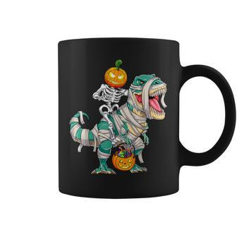 Skeleton Riding Mummy Dinosaur T Rex Halloween Pumpkin Coffee Mug - Monsterry