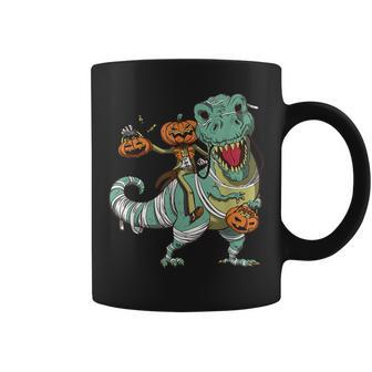 Skeleton Riding Mummy Dinosaur T Rex Halloween Pumpkin Coffee Mug | Mazezy