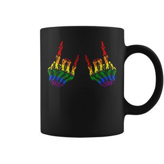 Skeleton Rock Hand Lgbt-Q Gay Pride Pround Ally Rainbow Flag Coffee Mug | Mazezy