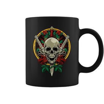 Skull Face With Roses 80S 90S Rock Music Guns And Skull Coffee Mug | Mazezy