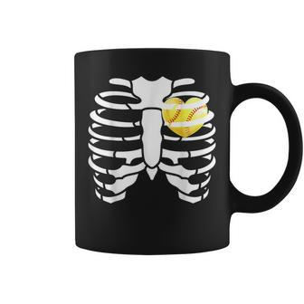 Softball Heart Inside Ribs Skeleton Halloween Costume Coffee Mug - Seseable