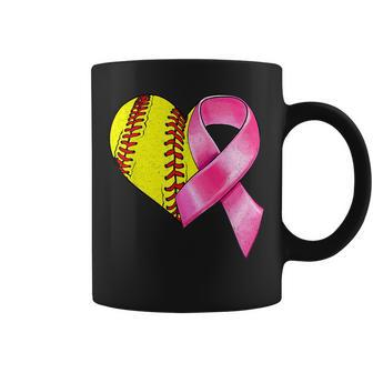 Softball Heart Pink Ribbon Warrior Breast Cancer Awareness Coffee Mug - Seseable