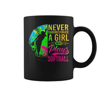 Softball Never Underestimate A Girl Who Plays Softball Softball Funny Gifts Coffee Mug | Mazezy