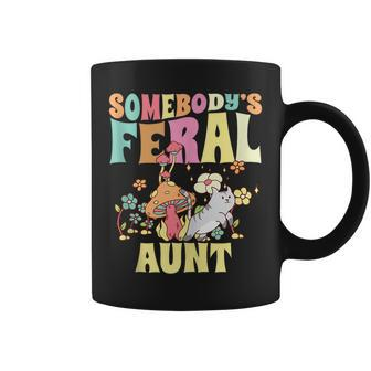 Somebodys Feral Aunt Mushroom Cat Wild Auntie Groovy Floral Coffee Mug | Mazezy