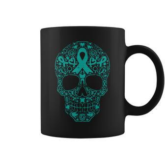 Sugar Skull Teal Ribbon Ovarian Cancer Awareness Mexican Coffee Mug - Monsterry AU