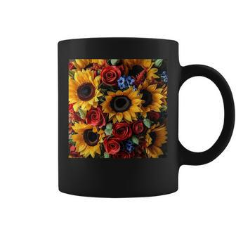 Sunflower And Rose Red Yellow Floral Pattern Coffee Mug | Mazezy