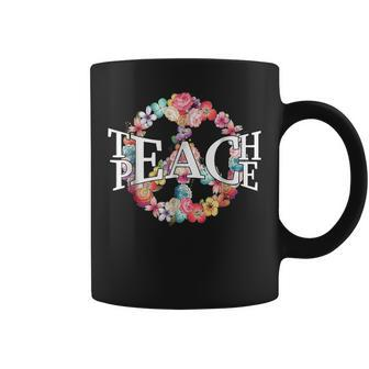 Teach Peace Teacher Inspiration Peace Sign Hippie Floral Coffee Mug - Monsterry