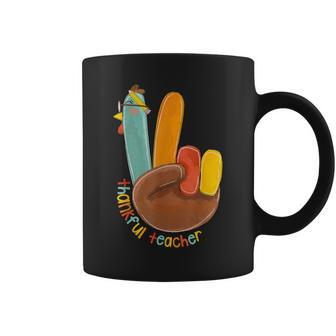 Thankful Teacher Thanksgiving Peace Hand Sign Turkey Coffee Mug - Thegiftio UK