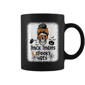 Thick Thighs And Spooky Vibes Messy Bun Girl Halloween Coffee Mug - Monsterry CA