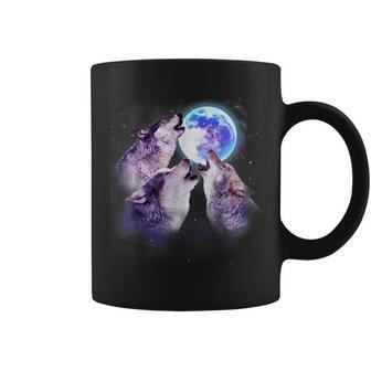 Three Grey Wolf Howling At The Moon 3 Wolves Space Galaxy Coffee Mug | Mazezy UK