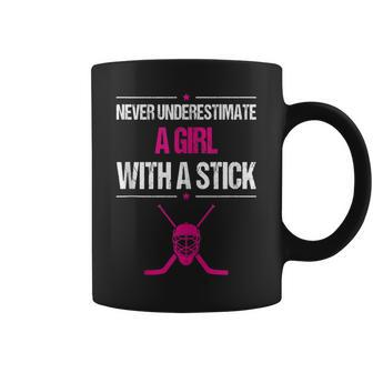 Never Underestimate A Girl With A Stick Hockey Coffee Mug | Mazezy