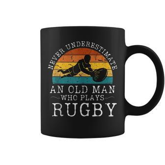 Never Underestimate An Old Man Who Plays Rugby Retro Sunset Coffee Mug - Seseable