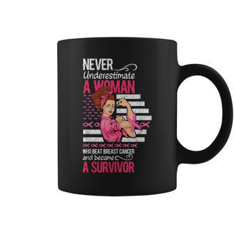 Never Underestimate A Woman Who Beat Breast Cancer Coffee Mug - Seseable