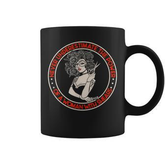 Never Underestimate A Woman With Shears Hair Stylist Barber Coffee Mug | Mazezy