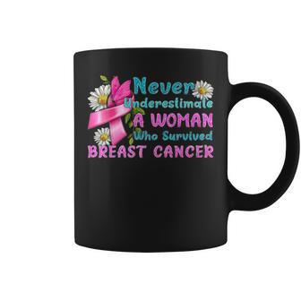 Never Underestimate A Woman Who Survived Breast Cancer Coffee Mug | Mazezy
