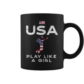 Usa Flag Play Like Girl Volleyball Vintage Patritotic Women Coffee Mug | Mazezy