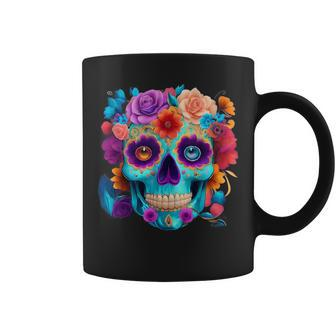 Vibrant Sugar Skull And Flower Bouquet Print Coffee Mug | Mazezy