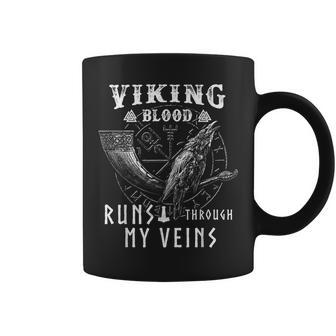 Viking Blood Runs Through My Veins Drinking Horn Crow Bw Coffee Mug - Seseable