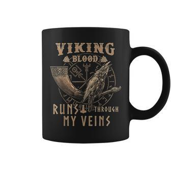 Viking Blood Runs Through My Veins Drinking Horn Crow Coffee Mug - Seseable