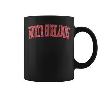 Vintage North Highlands Ca Varsity Style Red Text Coffee Mug | Mazezy