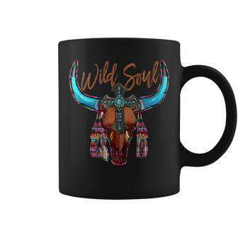 Western Boho Serape Cow Bull Skull Wild Soul Faith Cross Faith Funny Gifts Coffee Mug | Mazezy