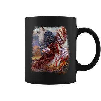 Wolf With Bald Eagle American Flag Coffee Mug | Mazezy