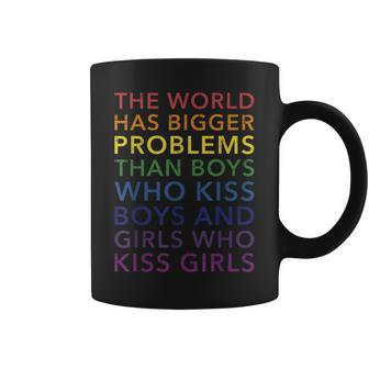 World Bigger Problems Boys Girls Kiss In Rainbow Flag Pride Coffee Mug | Mazezy