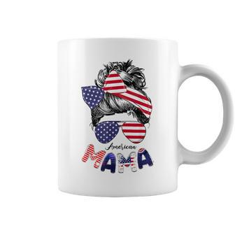 4Th Of July American Mama Messy Bun Mom Life Patriotic Mom Gifts For Mom Funny Gifts Coffee Mug | Mazezy