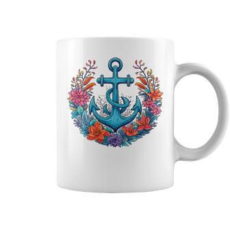 Colorful Flowers Designs Floral Nautical Sailing Boat Anchor Coffee Mug | Mazezy