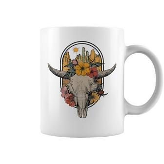 Country Retro Vintage Boho Cow Bull Skull With Cactus Floral Coffee Mug | Mazezy