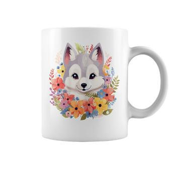 Cute Baby Wolf Animal Wild Fall Flowers In Pastel Colors Coffee Mug | Mazezy