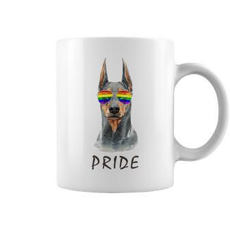Doberman Pinscher Sunglasses Pride Lgbt Rainbow Flag Coffee Mug | Mazezy