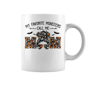 My Favorite Monsters Call Me Mom Messy Bun Happy Halloween Coffee Mug - Seseable