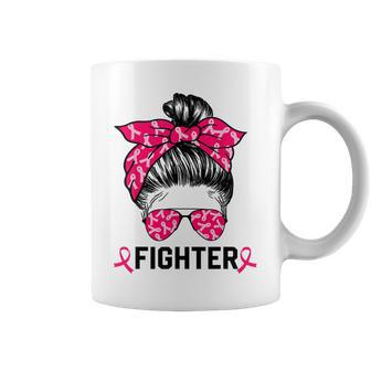 Fighter Messy Bun Breast Cancer Awareness Pink Warrior Coffee Mug - Seseable