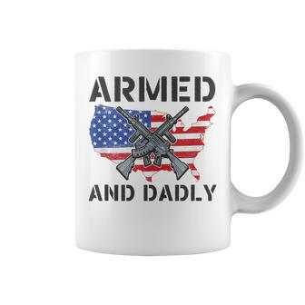 Funny Fathers Day Pun Us Flag Deadly Dad Armed And Dadly Coffee Mug | Mazezy