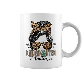 Funny Kindergarten Teacher Messy Bun Leopard Back To School Coffee Mug | Mazezy