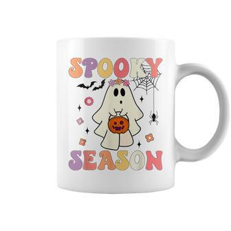 Groovy Halloween Ghost Holding Pumpkin Spooky Season Coffee Mug | Mazezy