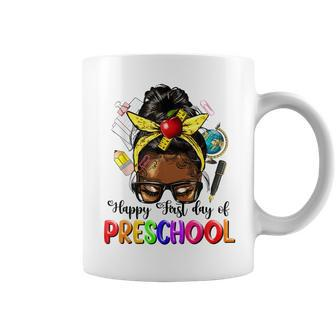 Happy First Day Of Preschool Afro Teacher Pre-K Messy Bun Coffee Mug | Mazezy