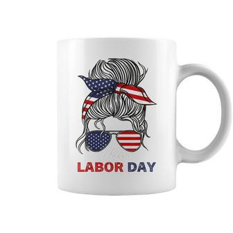 Happy Labor Day For All Workers Messy Bun American Flag Coffee Mug | Mazezy