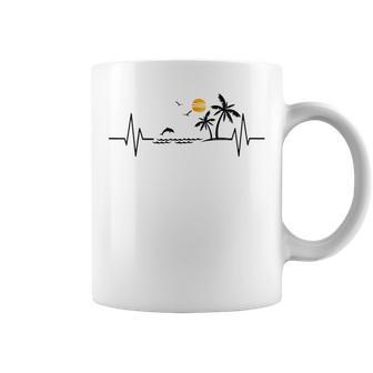 Heartbeat With Tropical Palm Trees Beach Island And Dolphin Coffee Mug | Mazezy