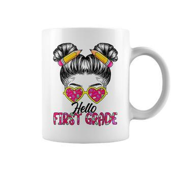 Hello First Grade Messy Bun Back To School First Day Girl Coffee Mug | Mazezy