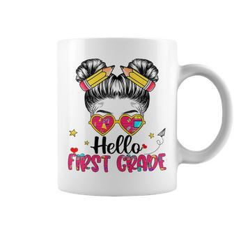 Hello First Grade Messy Bun Girl Back To School First Day Coffee Mug | Mazezy