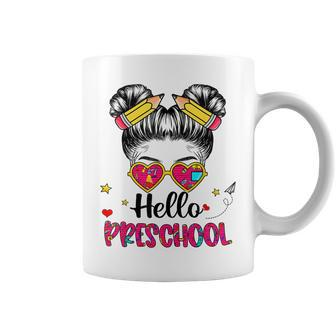 Hello Preschool Messy Bun Back To School First Day Girl Coffee Mug - Seseable