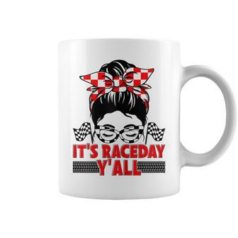 Its Race Day Yall Checkered Flag Racing Messy Bun Women Coffee Mug - Thegiftio UK