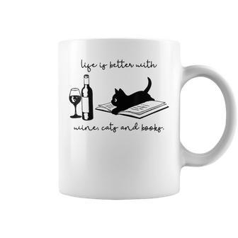 Life Is Better With Wine Cats And Books Black Cat Coffee Mug - Seseable