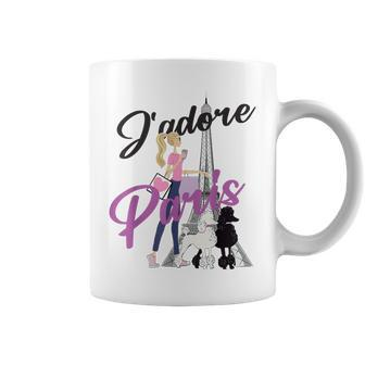 I Love Paris Woman Walking Poodles By Eiffel Tower Coffee Mug - Monsterry