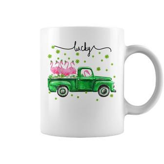 Lucky Flamingos Driving Truck Lucky St Patricks Day Coffee Mug | Mazezy
