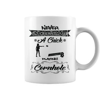 Never Underestimate A Chick Playing Cornhole Coffee Mug - Seseable