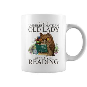 Never Underestimate An Old Lady Who Loves Reading Owl Gift For Womens Coffee Mug | Mazezy